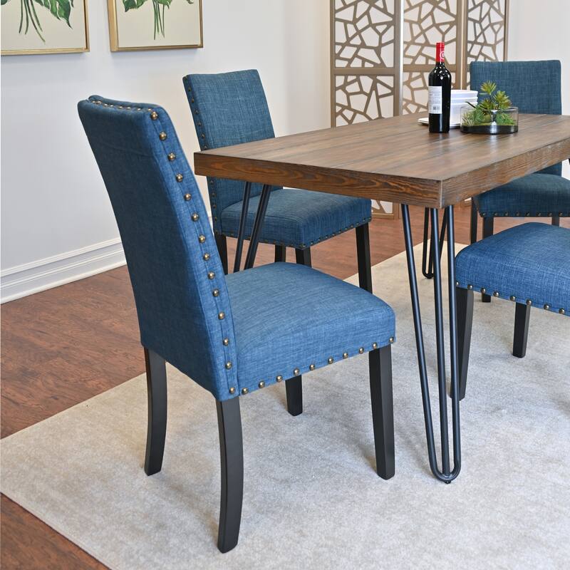 Wooden Dining Table with Metal Hairpin Legs, Vintage Table and Chair Set, Upholstered Side Chairs with Nailhead Trim