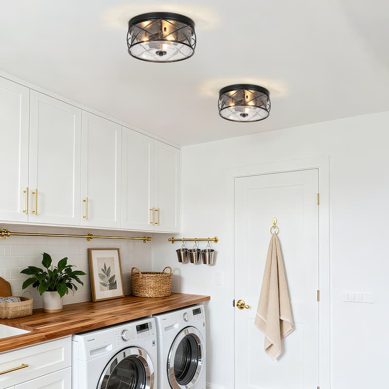 Raretta Modern Farmhouse Black 3-Light Drum Flush Mount Glass Ceiling Light - D13" x H6"