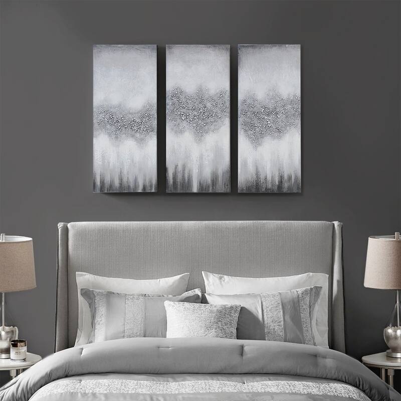 Heavily Embellished 3-piece Canvas Wall Art Set - Grey