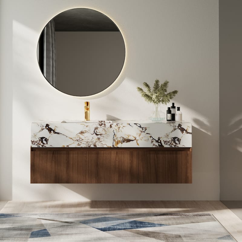 48'' Modern Single Bathroom Vanities, With Glossy Faux Marble Top, Solid Wood - White/Brown - Wood Finish/Glossy