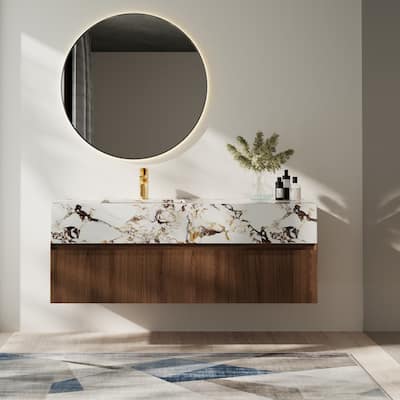48'' Modern Single Bathroom Vanities, With Glossy Faux Marble Top, Solid Wood