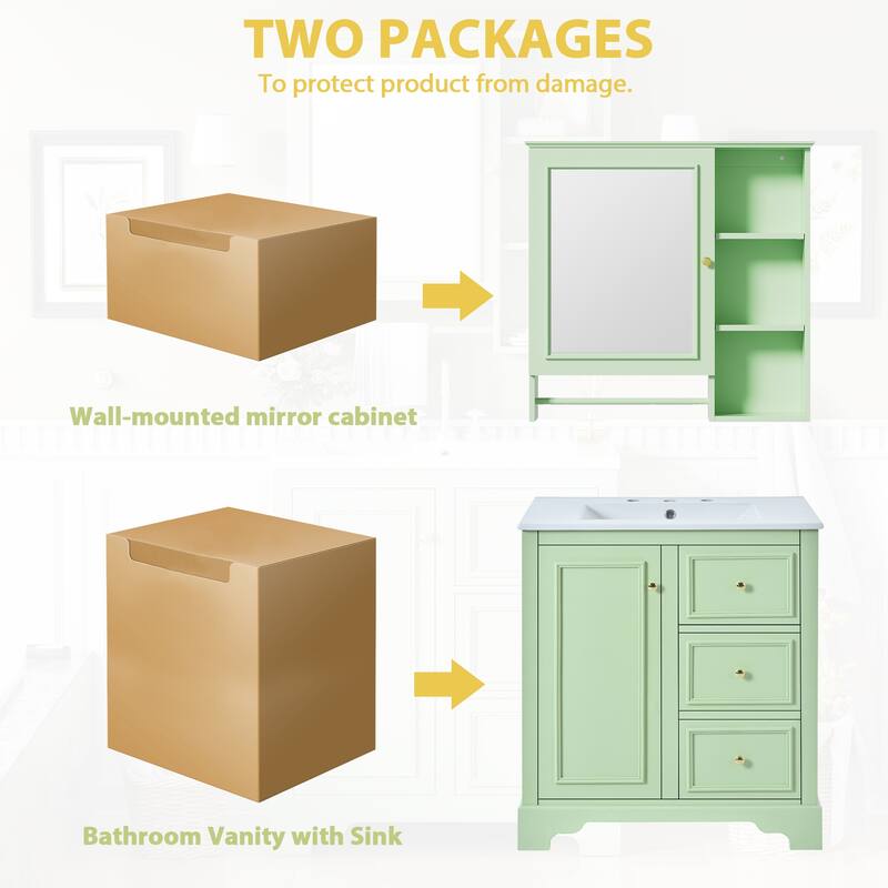 30-inch bathroom vanity with sink,with 3 drawers,adjustable shelves,freestanding vanity set with mirror cabinet,single sink