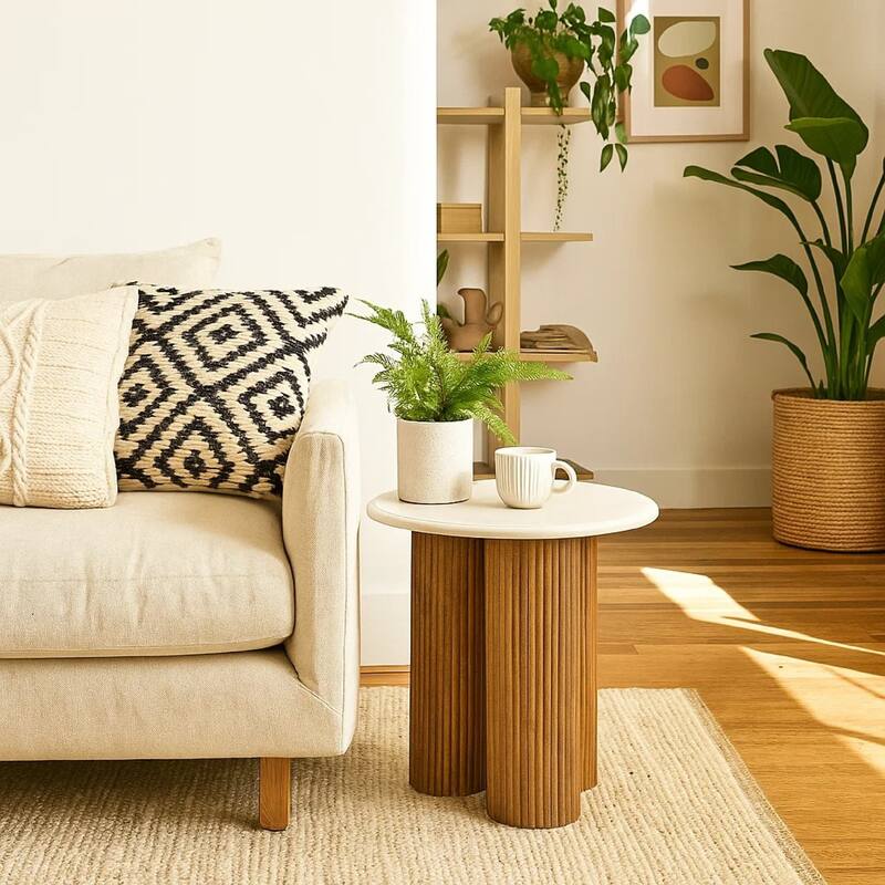 Cid Den End Table, Brown Wood, Round Botticino Marble Top, 20 Inch