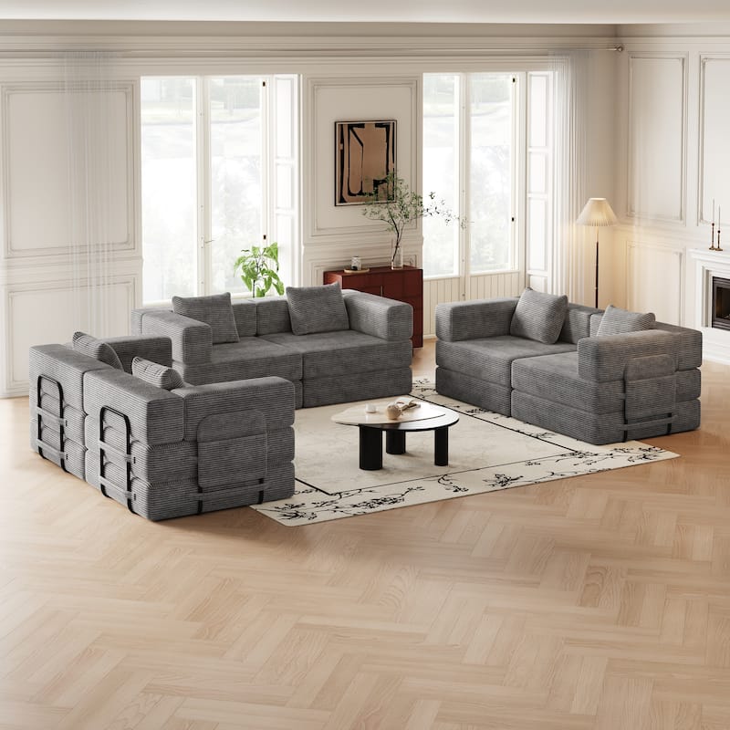 Corduroy Folding Loveseat Couch Set of 3 Convertible Sleeper Sofa Bed with Side Pockets, Modular Floor Mats with Anti-slip Pads - Grey