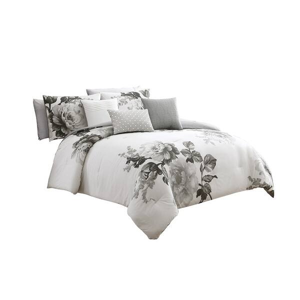 7 Piece Cotton King Comforter Set With Floral Print Gray And White On Sale Overstock 32006694