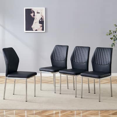 Luxury Simple Chair - Set of 4 BLACK PU Material High Resilience Dining Chair.The Chair Back Has a Vertical Stripe Design