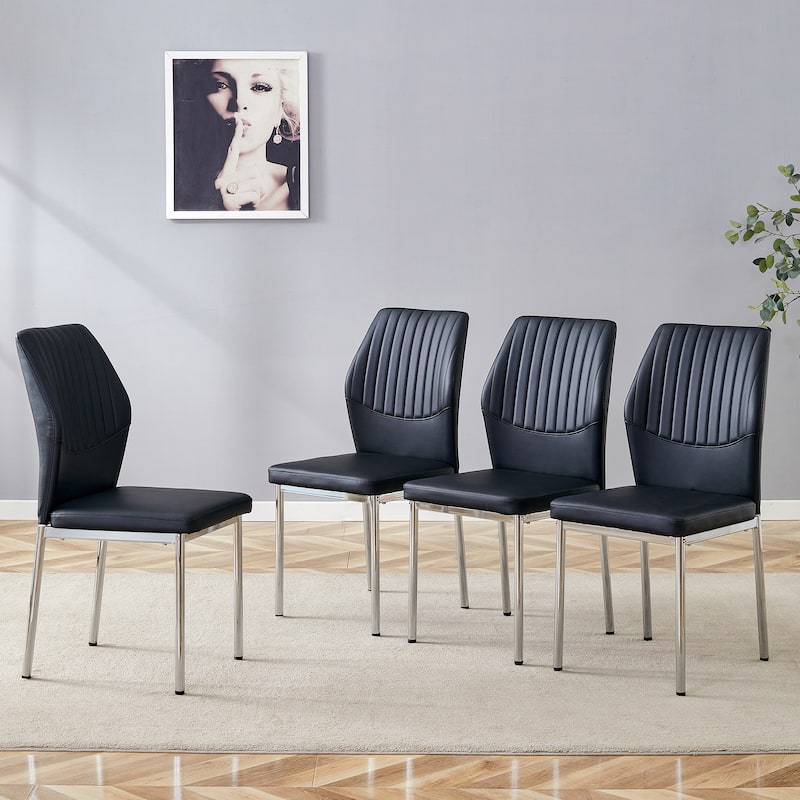 Luxury Simple Chair-Set Of 4 Dining Chair With Metal Leg.The Chair Back Has A Vertical Stripe Design - Black+Silver