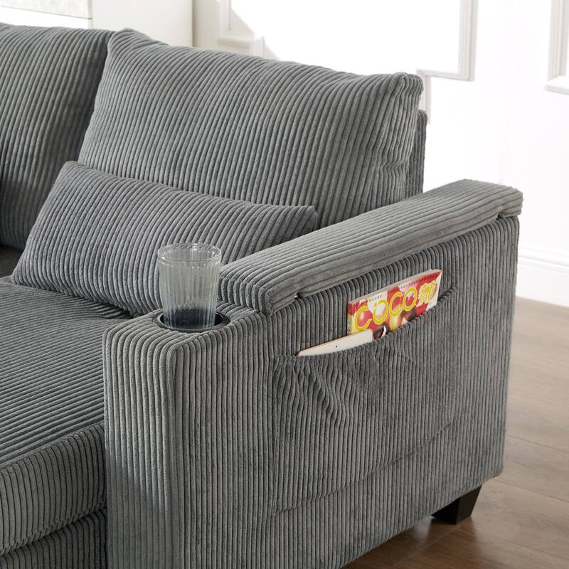 Convertible Sleeper Sofa Chaise Lounge with Movable Backrest, Corduroy Reading Chair with USB Ports, Cup Holders & Phone Holder