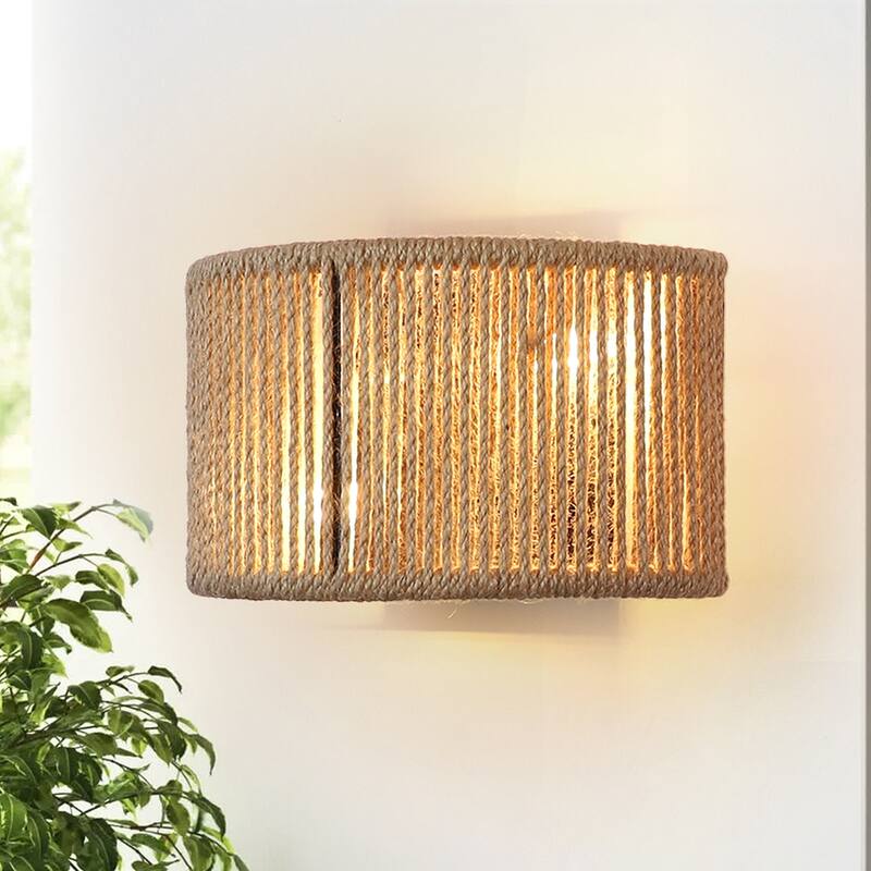 Boho Flush Mount Wall Sconce Rattan Wall Lamp Hemp Rope Sconces - 2-Light