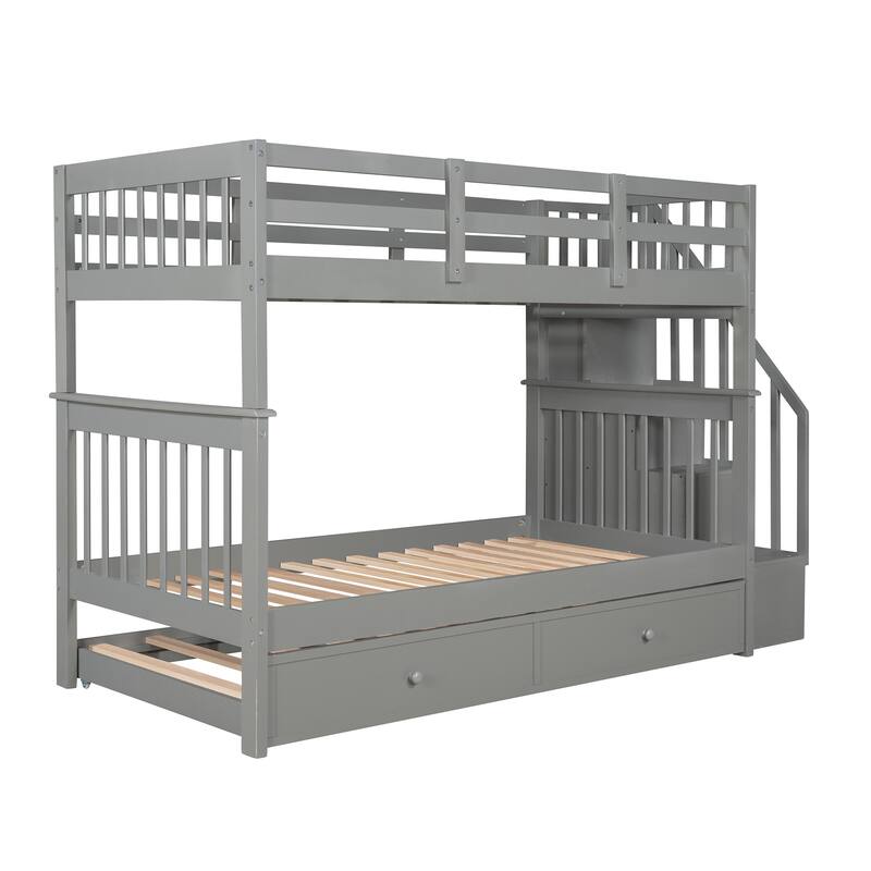 Twin Over Twin Bunk Bed with Trundle, Detachable Wood Triple Bedframe
