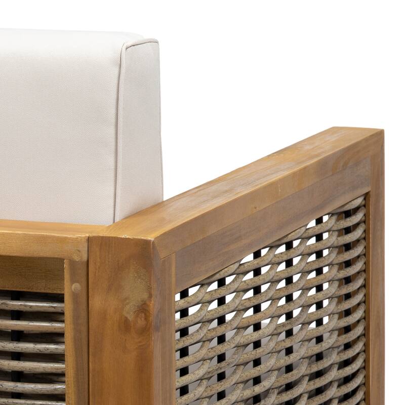Roomfitters Outdoor Acacia Wood Club Chair with Wicker Accents and Cushions for Patio or Garden, Brown Beige