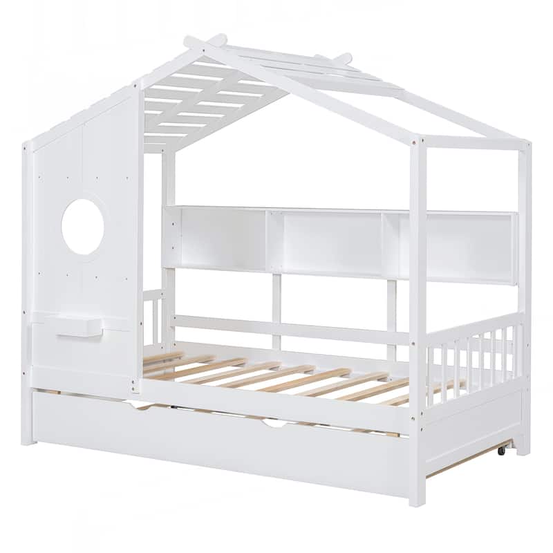 Wooden Twin Size House Bed With Trundle, Modern Design for Kids with Storage Shlef