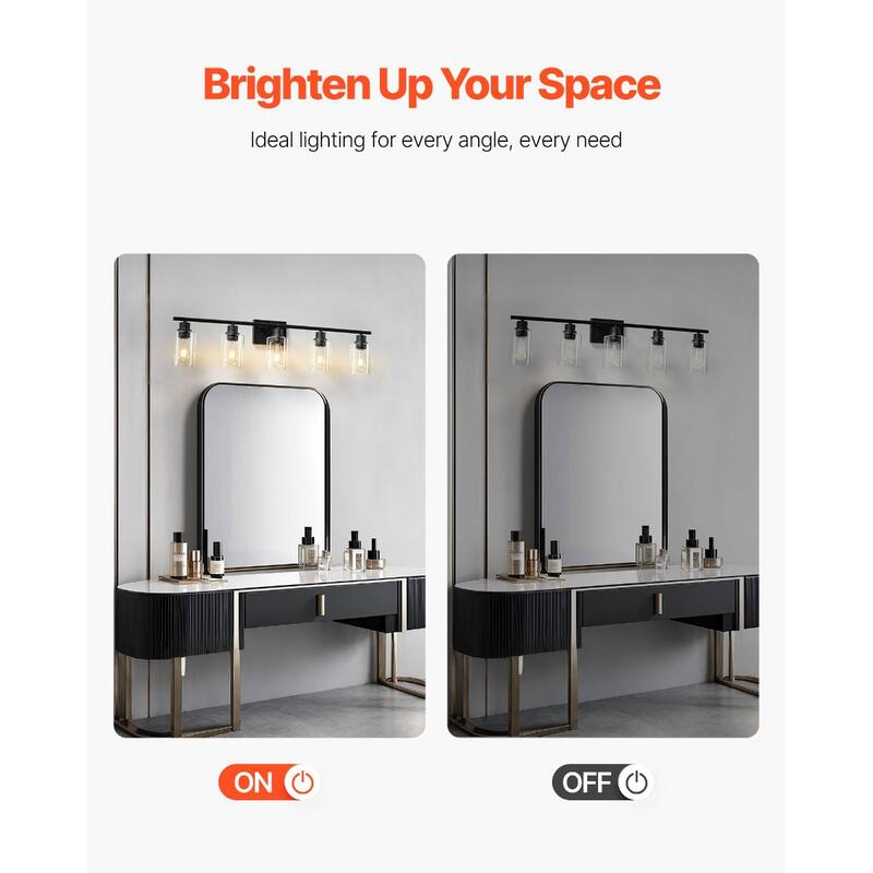 5-Light Wall Mounted Bathroom Vanity Light Fixture with E26 Base Glass Shades and Black Finish