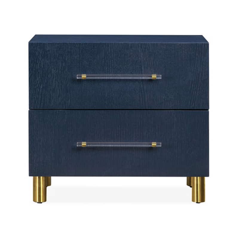 Herst 26 Inch Nightstand, Navy Blue Wood, 2 Drawers, Cylindrical Brass Legs