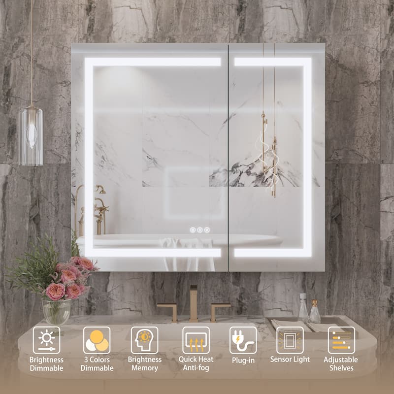 Rectangular Aluminum Recessed/Surface Mount Frameless Anti-Fog Medicine Cabinet with Dimmable LED Lights