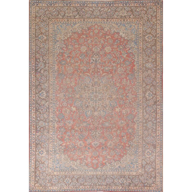 Traditional Pink Mashad Persian Vintage Rug Hand-Knotted Wool Carpet - 9'4"x 12'0"