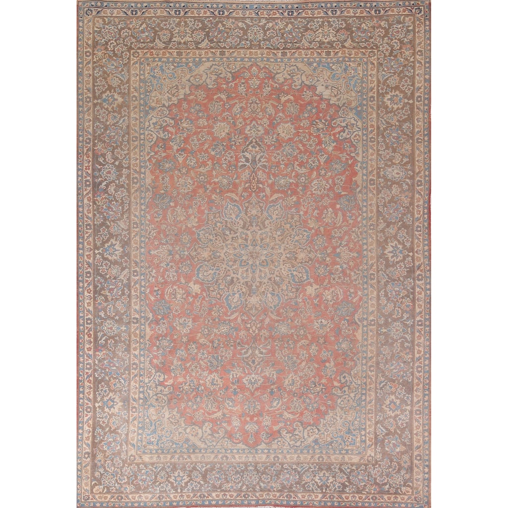 Traditional Pink Mashad Persian Vintage Rug Hand-Knotted Wool Carpet - 9'4"x 12'0"