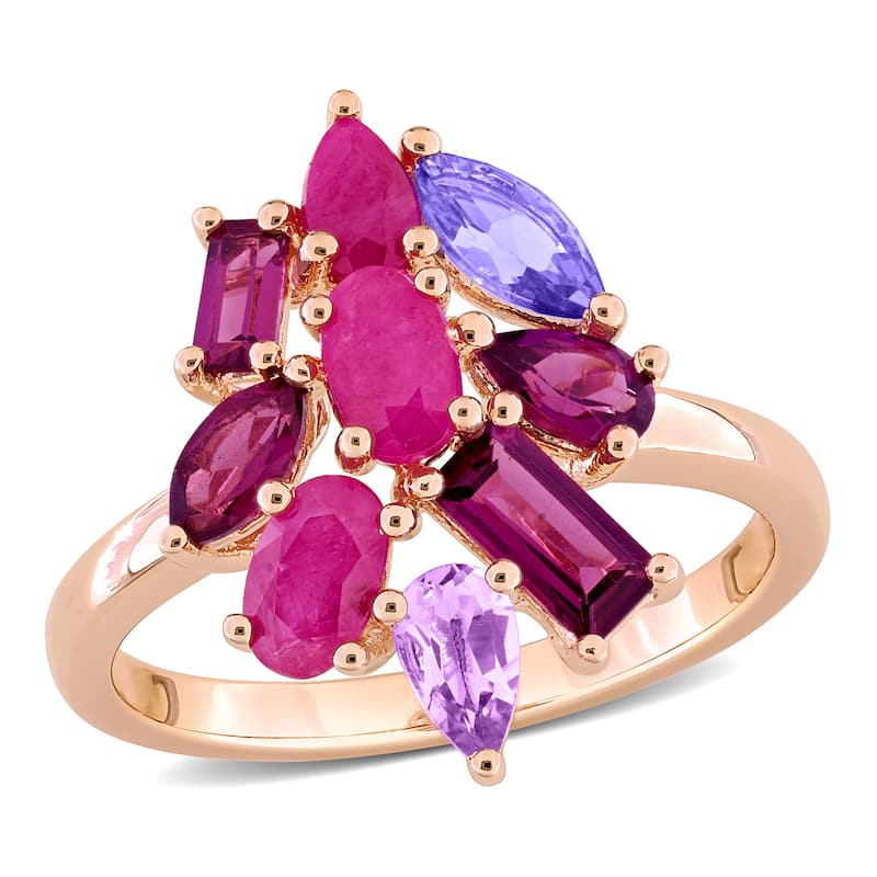 Miadora Multi-Shape Gemstone Floral Ring Sterling Silver - 6 - Red