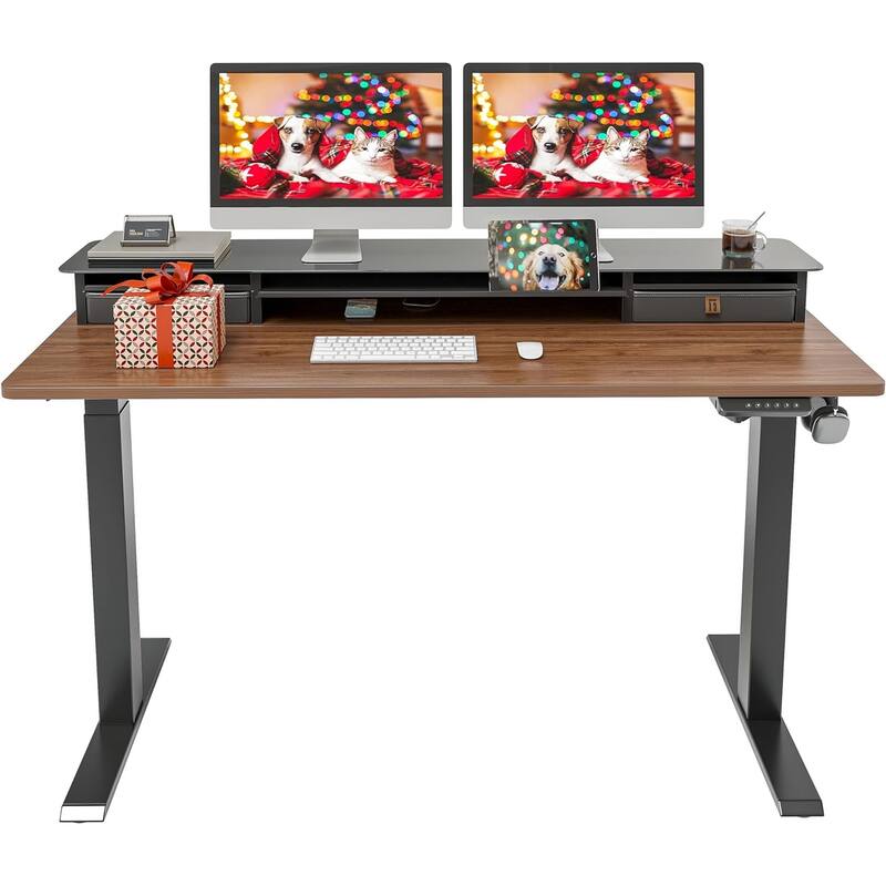 FEZIBO Height Adjustable Glass Electric Standing Desk with Double Drawer, Stand Up Desk with Storage Shelf - 	Black Walnut - 26"D x 55"W x 27"H