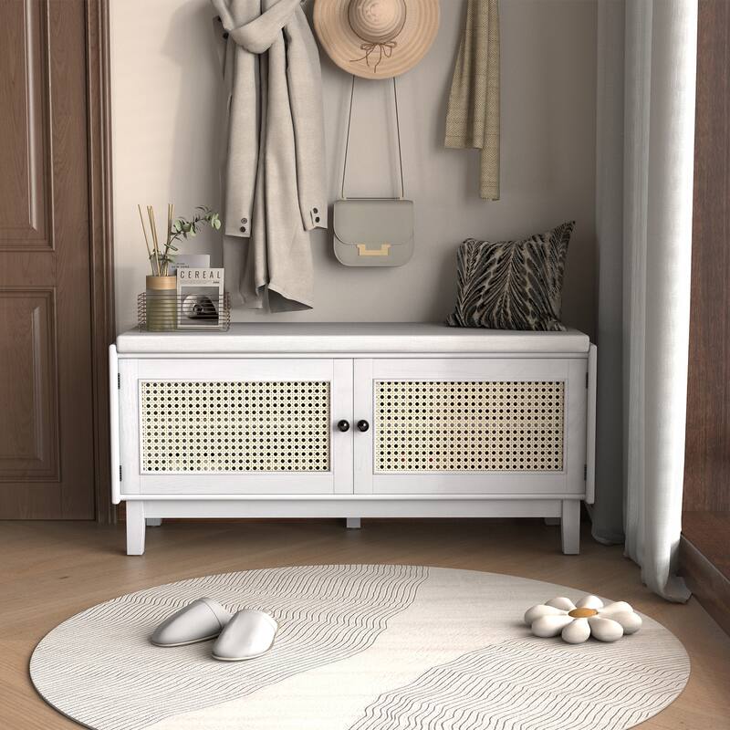 Boho Rattan Shoe Storage with Washable Cushion & Adjustable Shelves by Harper&Bright Designs - Beige&White