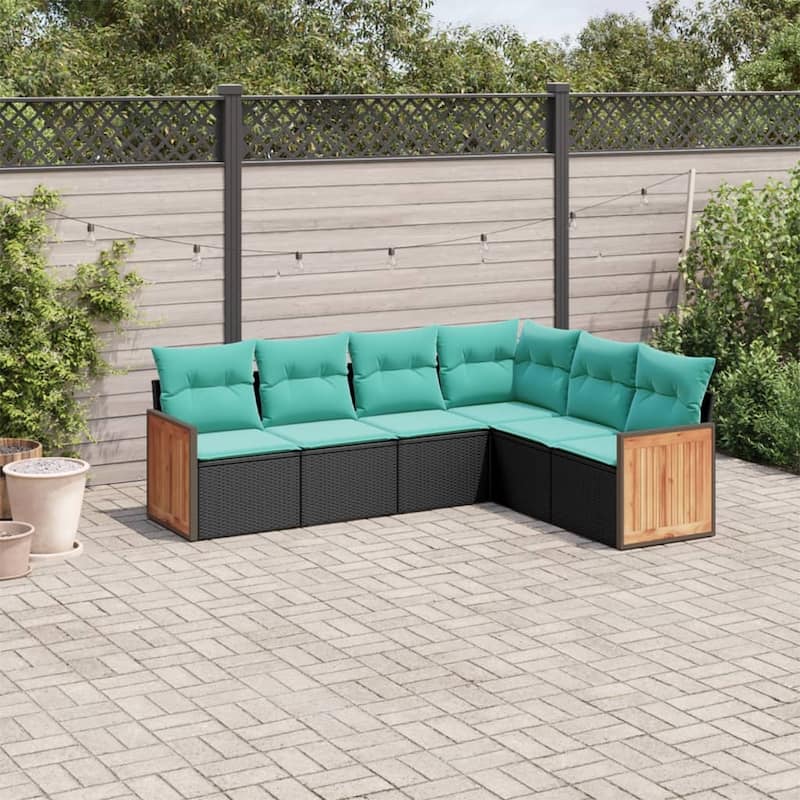 vidaXL 6 Piece Patio Sofa Set with Cushions Black Poly Rattan - 21.7x27.2x24.4-Without table
