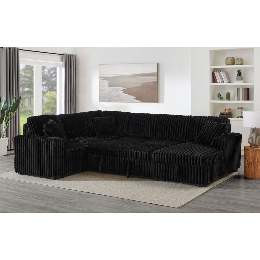 Roomfitters Oversized U Shaped Sectional Sleeper Sofa Bed with Pull Out Couch and Storage Chaise, Black