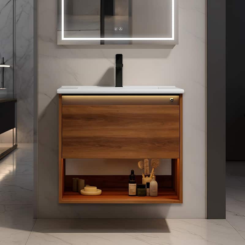 Blossom Bergen Wall Mounted Floating Bathroom Vanity with Sink - Walnut - 24" Acrylic Sink