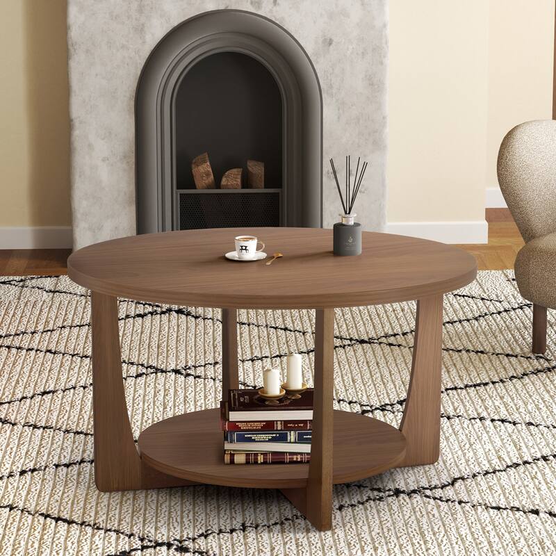 31.5" Round Coffee Table with Solid Wood Legs and 2-Tier Storage - 31.5"Dia x 17.72"H