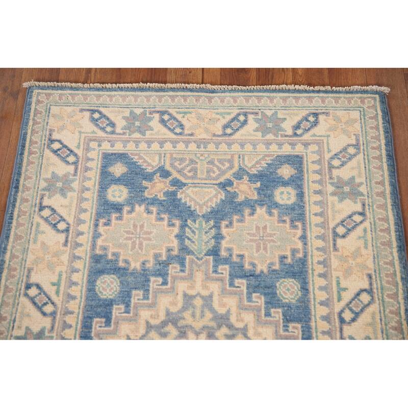 Blue Geometric Kazak Accent Rug Handmade Oriental Wool Carpet - 2'7"x 4'0"