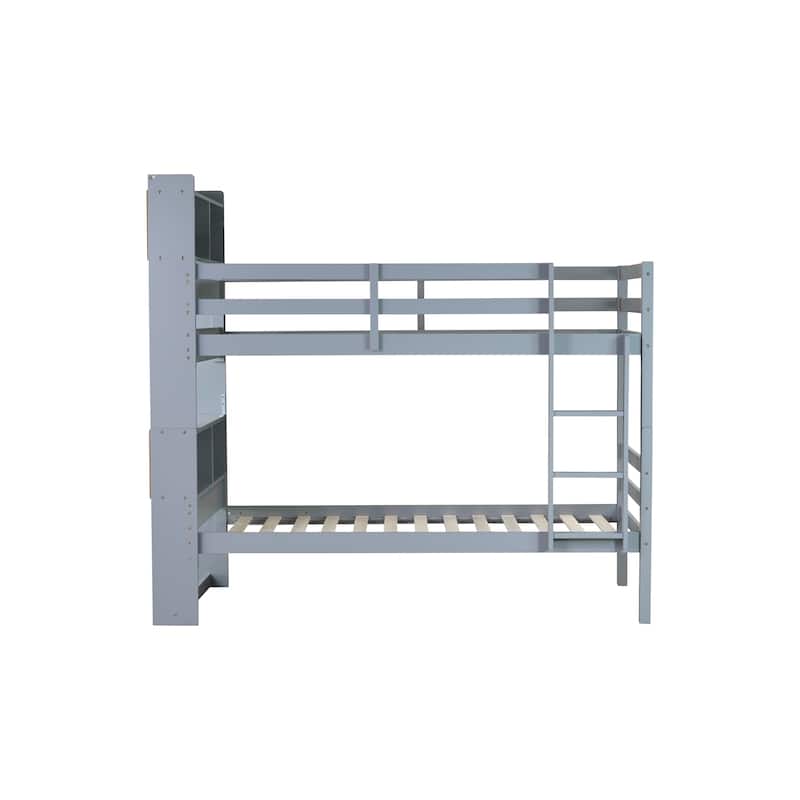 Convertible Twin Over Twin Bunk Bed with Shelves, Safety Rails & Ladder - Grey Rubber Wood