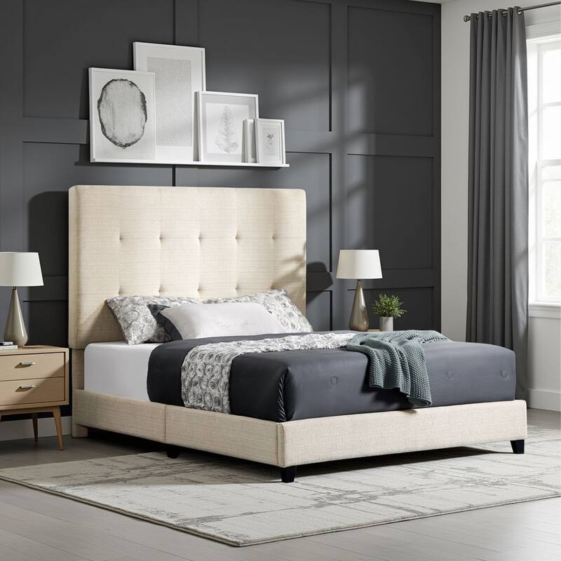 Bridgevine Home Tall Beige Tufted Upholstered Platform Bed