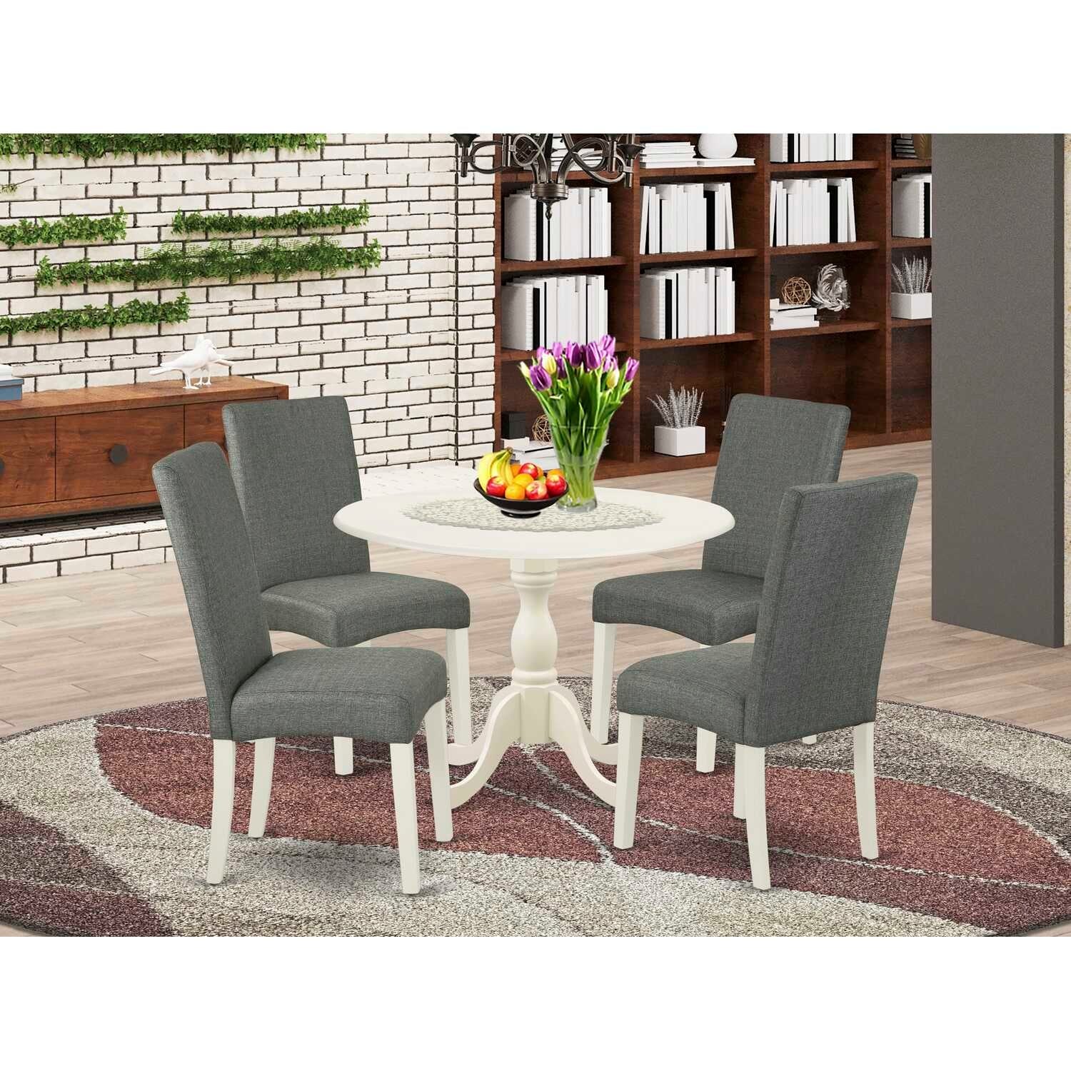 5-Piece Linen White Finish Solid Wood Top Dining table with 4 Chairs with Drop Leaf