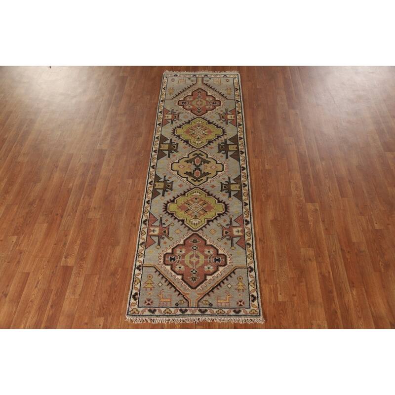 Geometric Beige Kazak Indian Runner Rug Handmade Wool Carpet - 2'5"x 7'8"