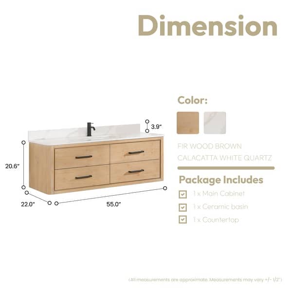 dimension image slide 9 of 10, Cristo Floating Bath Vanity with White Quartz Stone Top without Mirror