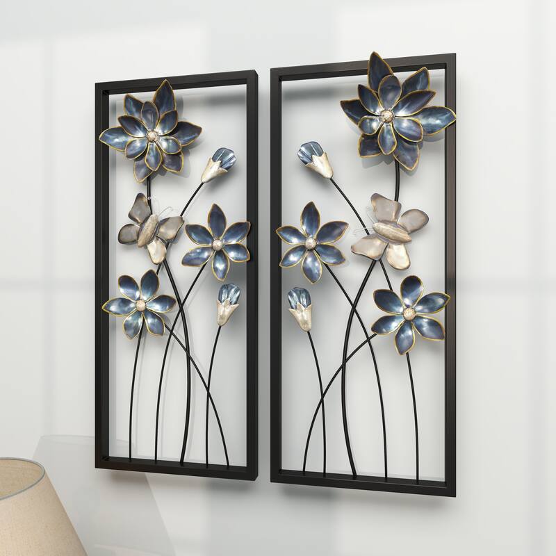 Teal Metal Floral Home Wall Decor with Black Frames and Butterfly Accents (Set of 2)