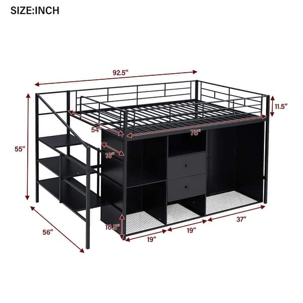Full Size Metal Loft Bed with Drawers, Storage Staircase & Small Wardrobe
