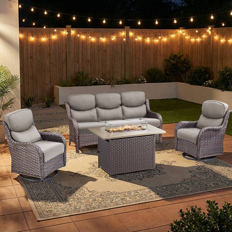 Pocassy Outdoor Fire Pit with Sofa Swivel Chairs Conversation Set - Brown Wicker Gray Cushion - 4-Piece Sofa Swivel Chair w/ Fie Pit Table