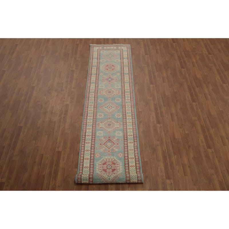 Hand Knotted Oriental 100% Wool Carpet Traditional Geometric Navy Blue & Blues Kazak Runner Rug - 13' 4'' X 2' 10''