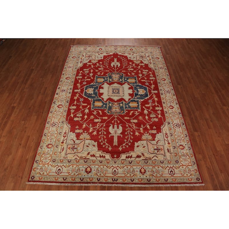 Geometric Heriz Serapi Vegetable Dye Area Rug Handmade Wool Carpet - 6'11"x 10'1"