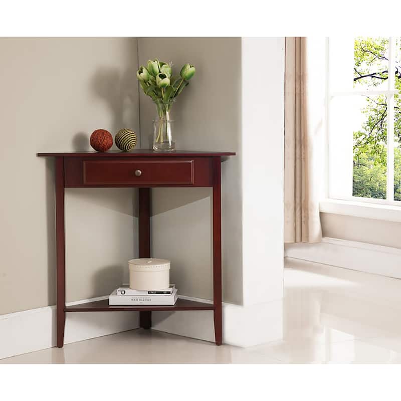 Walnut Finish Wood Corner Sofa Accent Table with Drawer