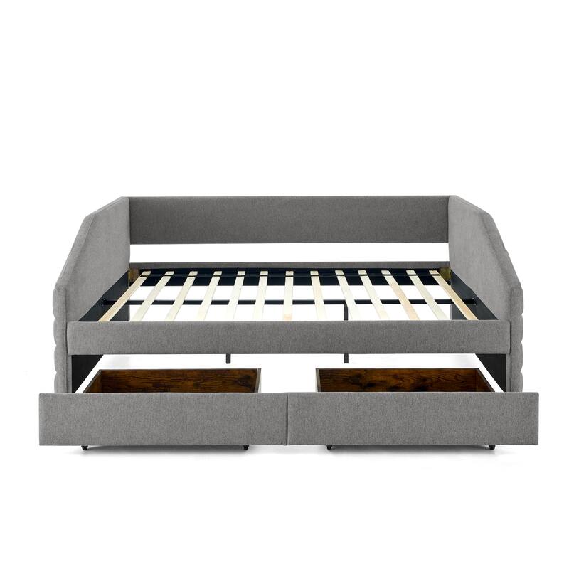 Modern Grey Multifunctional Daybed Tufted Upholstered Sofa Bed with Trundle, Pull-out Bed and 2 Storage Drawers for Living Room