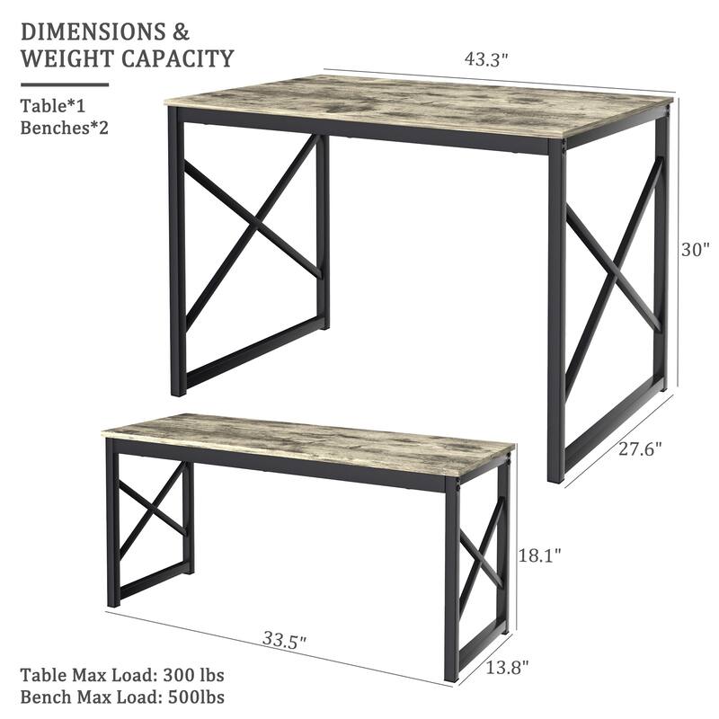 Javlergo Industrial Grey 3-Piece Dining Table Set with 2 Benches X-Frame Design Space Saving Kitchen Table Set for 4 People