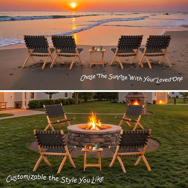 AECOJOY Outdoor Bistro Set for 2, Acacia Wood Patio Furniture Set with Coffee Table & Folding Chairs