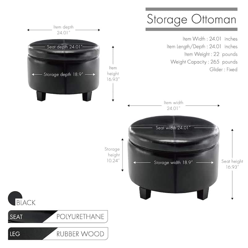 Porthos Home Donn Faux Leather Round Storage Ottoman with Rubberwood Legs