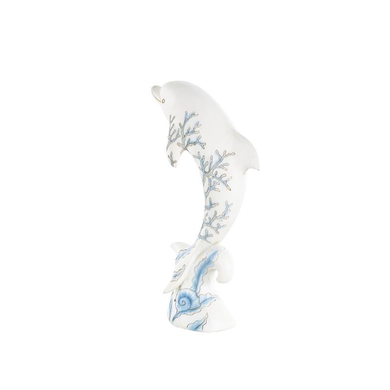White Polystone Curved Dolphin Decorative Sculpture with Blue Coral Patterns