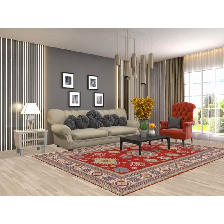 Geometric Red Kazak Oriental Area Rug Handmade Wool Carpet - 6'8" x 9'9"