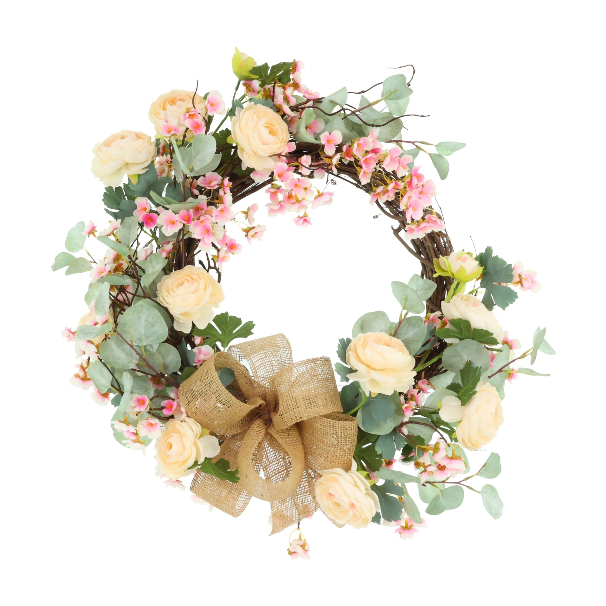 28" Wreath with Ranunculus, Baby's Breath and Eucalyptus