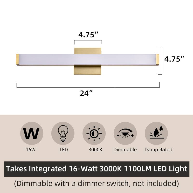 Modern Integrated LED Vanity Light Bar - 6 Variants (24in/30in, Matte Black/Brushed Nickel/Gold), 3000K, Damp Rated for Bathroom