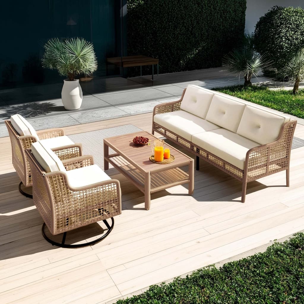 Modern All-Weather PE Wicker 5-Piece Sectional Patio Set with 360° Swivel Chairs