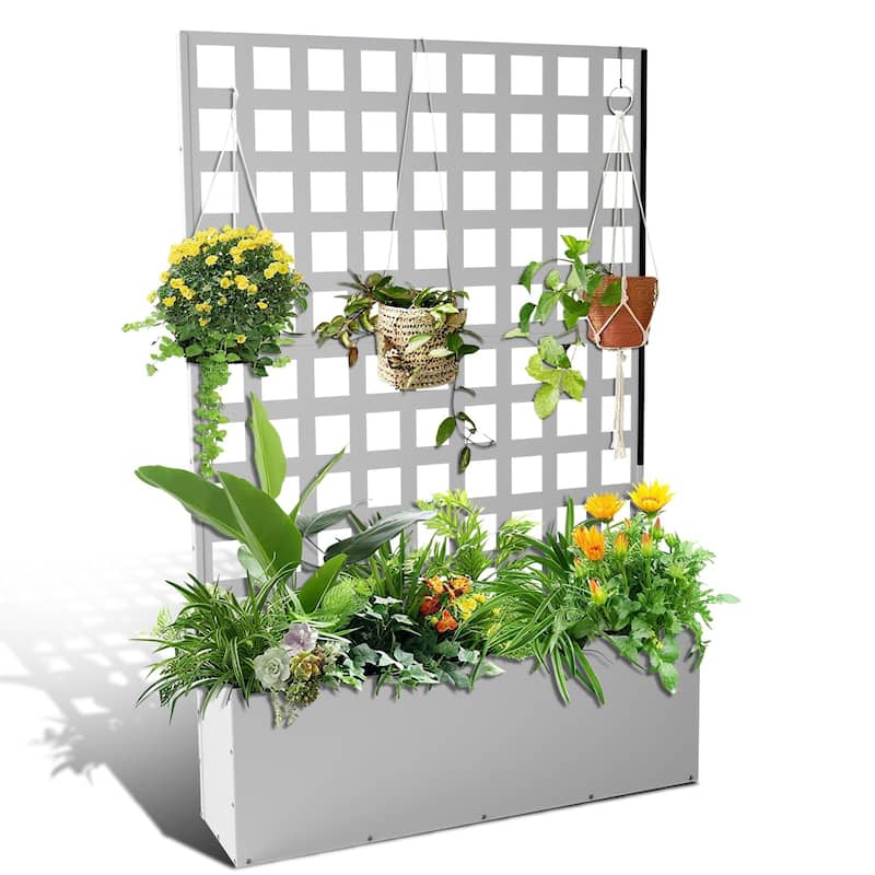 Metal Planter Box with Trellis, Raised Garden Bed with Trellis, Outdoor Garden Box with Privacy Screen & Drainage Holes - Horizontal Grid Trellis/Without Wheels White